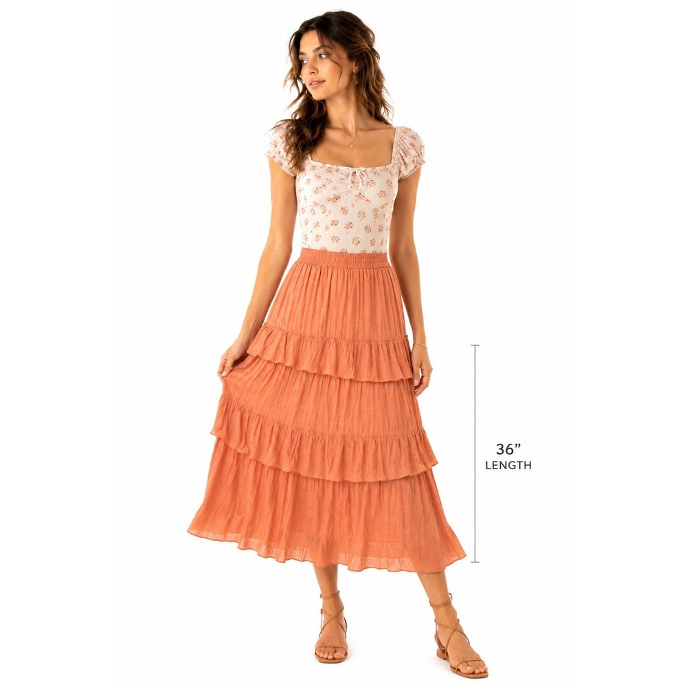 Kings Road Peach Tiered Ruffle Midi Flowy Skirt Large Boho Cottage Festival